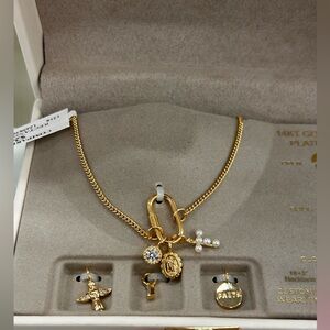 Gold Multi-Charm Necklace with Cross and Pearl Accents